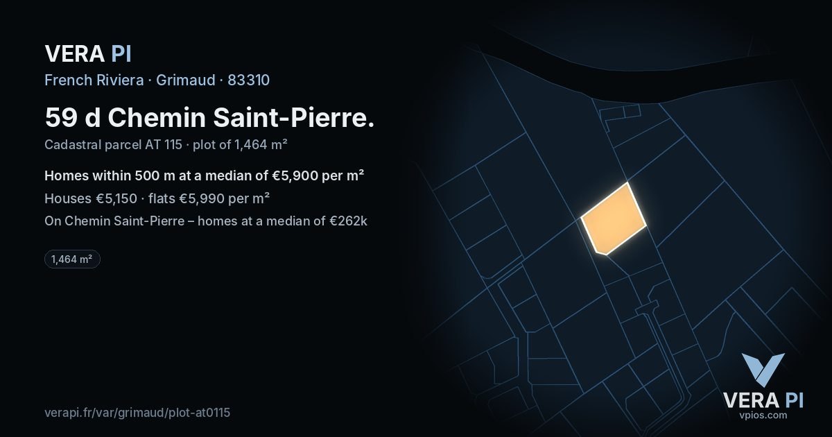 59 d Chemin Saint-Pierre, Grimaud at night – the plot lit, the parcels around coloured by the prices near them
