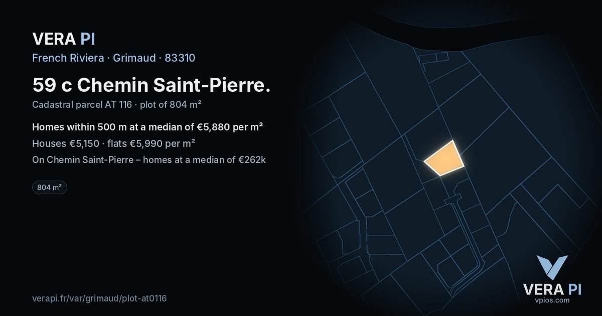 59 c Chemin Saint-Pierre, Grimaud at night – the plot lit, the parcels around coloured by the prices near them