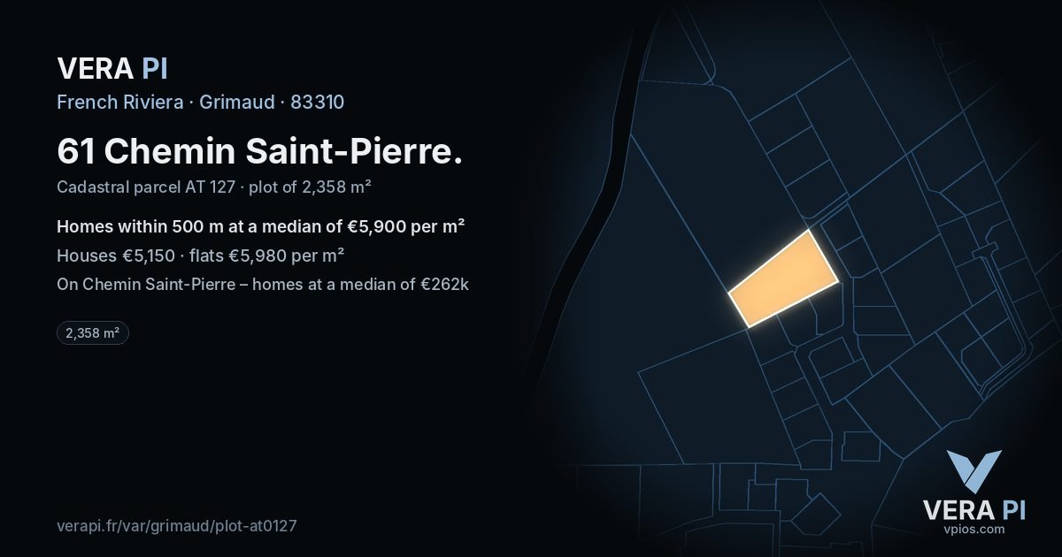 61 Chemin Saint-Pierre, Grimaud at night – the plot lit, the parcels around coloured by the prices near them
