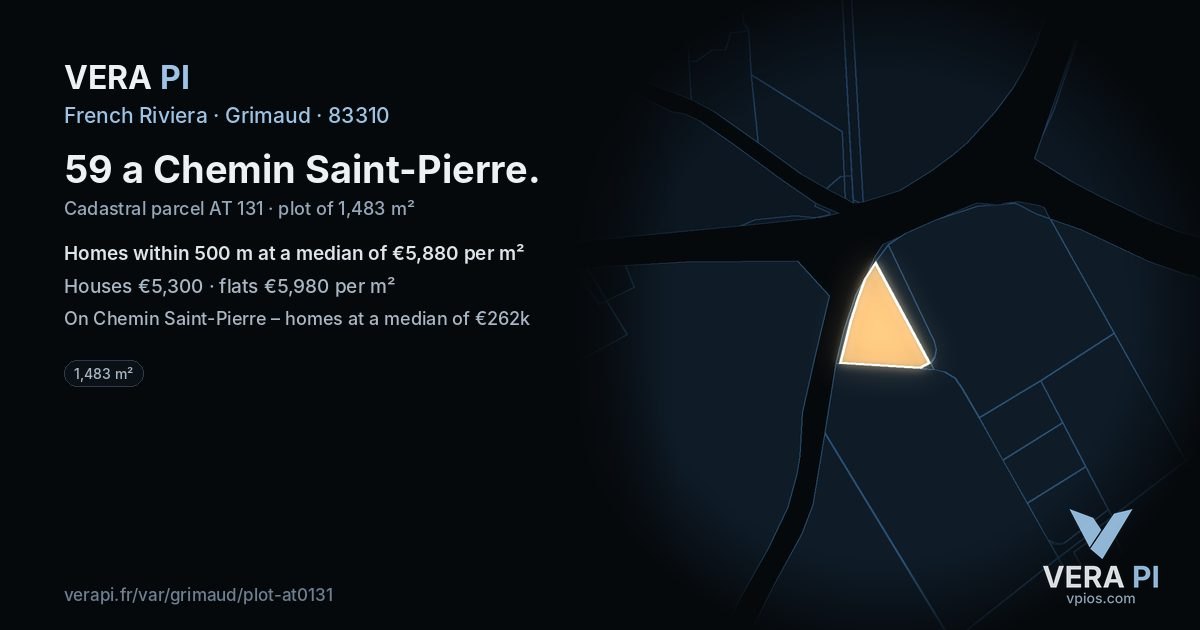 59 a Chemin Saint-Pierre, Grimaud at night – the plot lit, the parcels around coloured by the prices near them