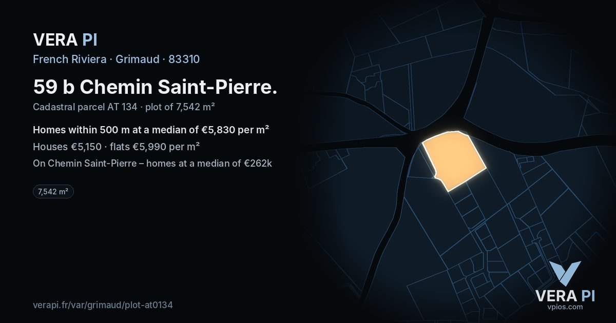 59 b Chemin Saint-Pierre, Grimaud at night – the plot lit, the parcels around coloured by the prices near them