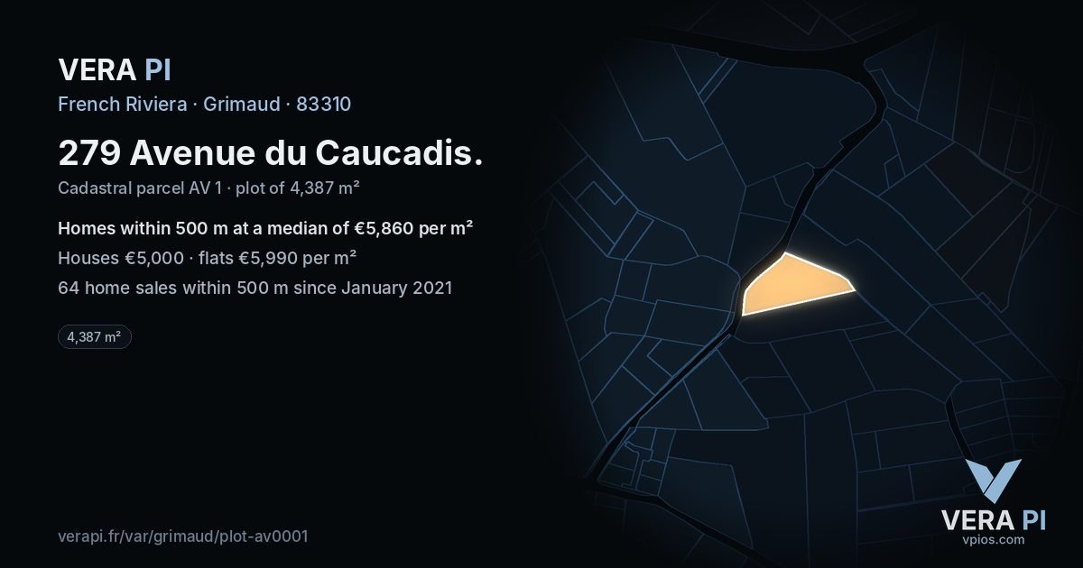 279 Avenue du Caucadis, Grimaud at night – the plot lit, the parcels around coloured by the prices near them