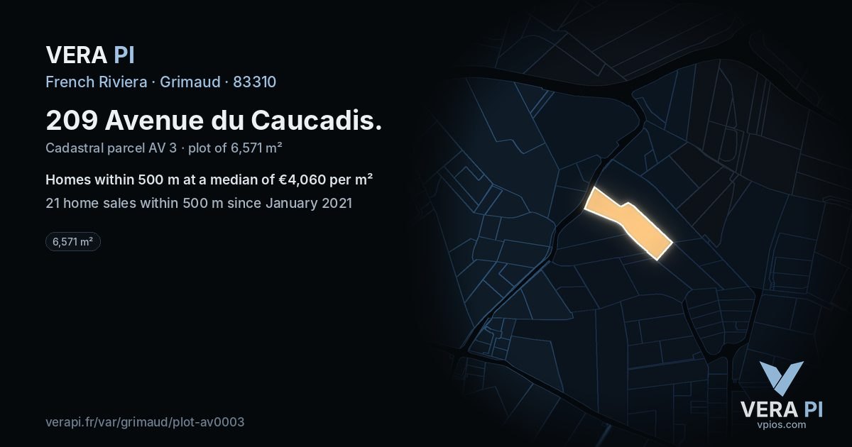 209 Avenue du Caucadis, Grimaud at night – the plot lit, the parcels around coloured by the prices near them