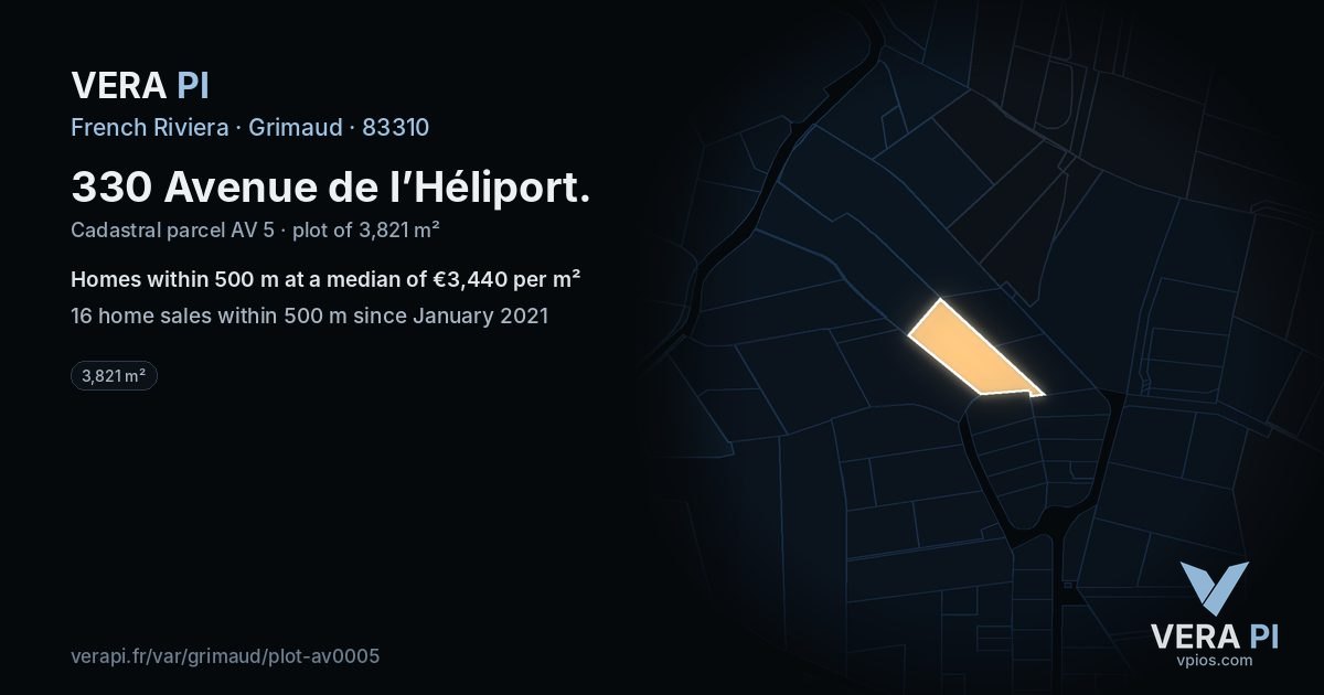 330 Avenue de l’Héliport, Grimaud at night – the plot lit, the parcels around coloured by the prices near them