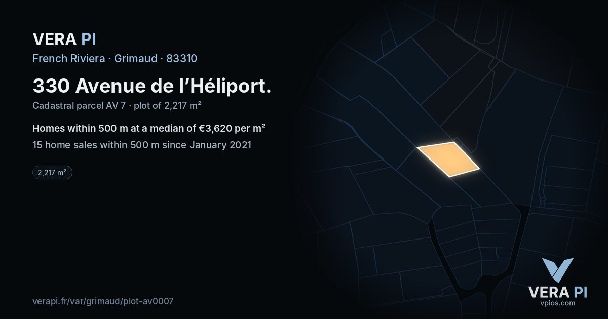 330 Avenue de l’Héliport, Grimaud at night – the plot lit, the parcels around coloured by the prices near them