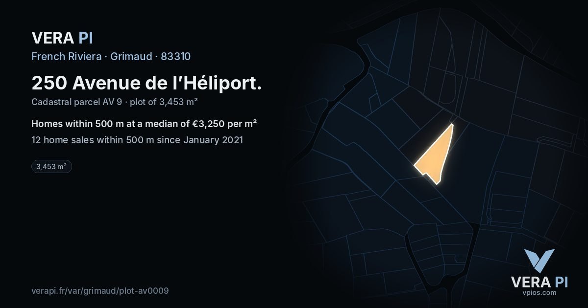 250 Avenue de l’Héliport, Grimaud at night – the plot lit, the parcels around coloured by the prices near them