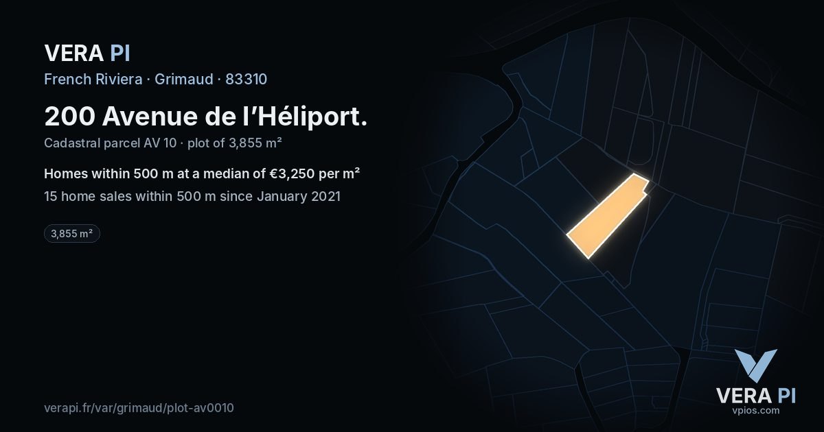 200 Avenue de l’Héliport, Grimaud at night – the plot lit, the parcels around coloured by the prices near them