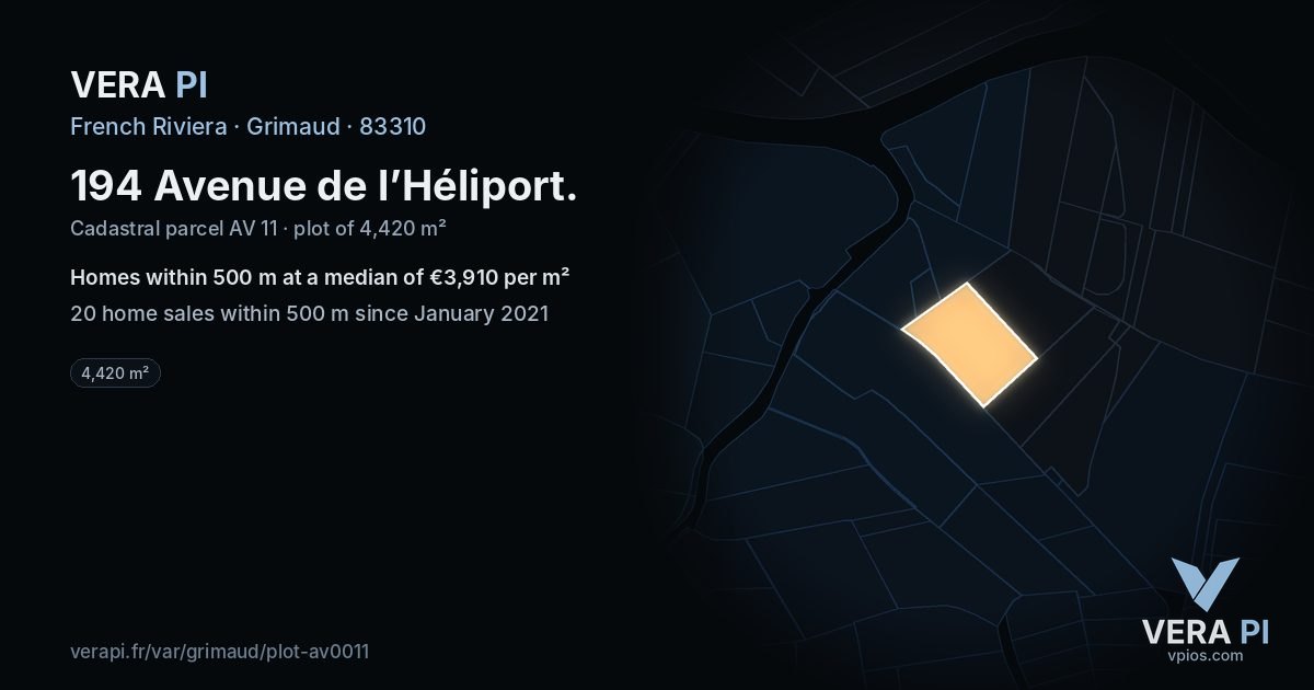 194 Avenue de l’Héliport, Grimaud at night – the plot lit, the parcels around coloured by the prices near them