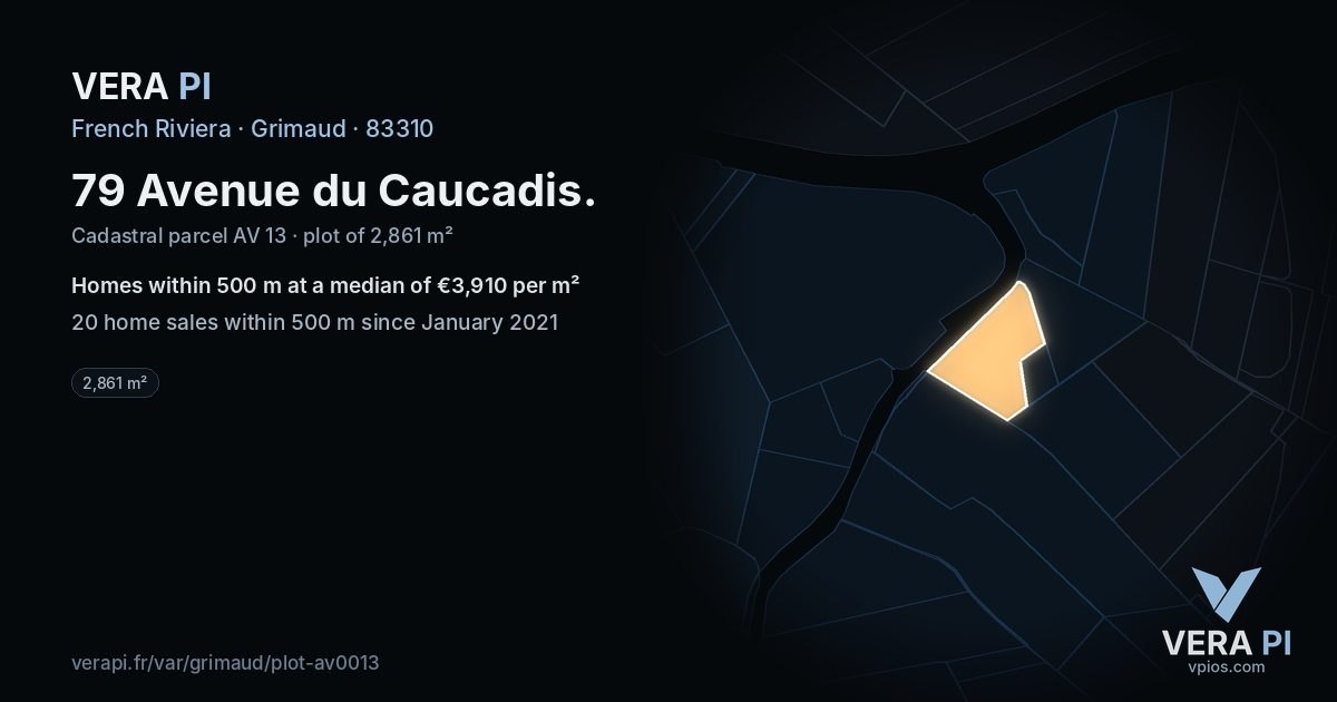79 Avenue du Caucadis, Grimaud at night – the plot lit, the parcels around coloured by the prices near them