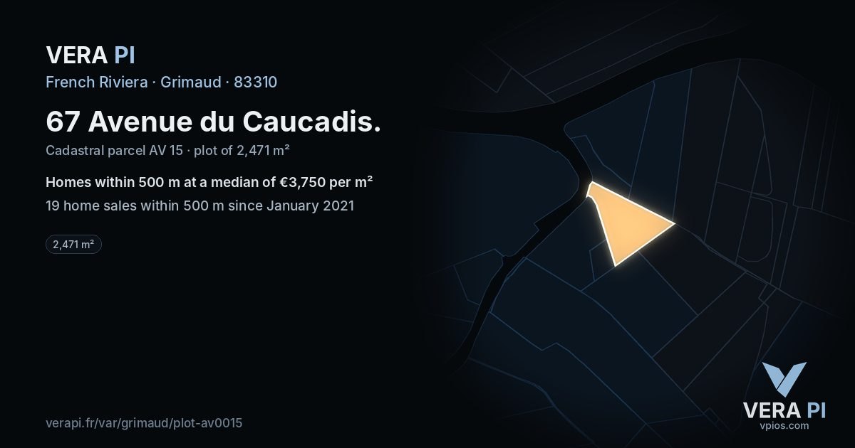 67 Avenue du Caucadis, Grimaud at night – the plot lit, the parcels around coloured by the prices near them