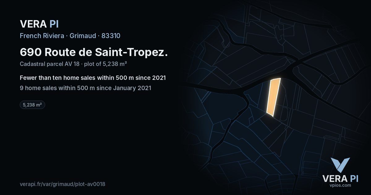 690 Route de Saint-Tropez, Grimaud at night – the plot lit, the parcels around coloured by the prices near them