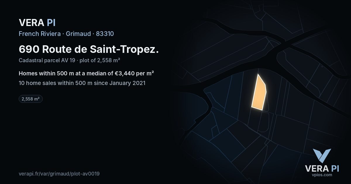 690 Route de Saint-Tropez, Grimaud at night – the plot lit, the parcels around coloured by the prices near them