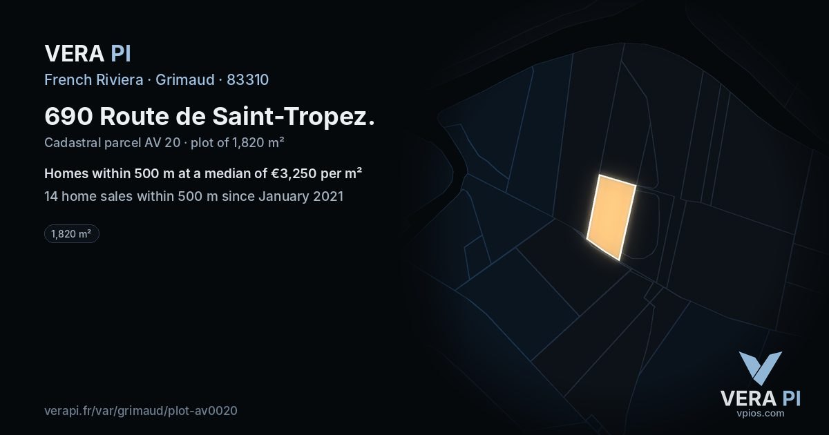 690 Route de Saint-Tropez, Grimaud at night – the plot lit, the parcels around coloured by the prices near them