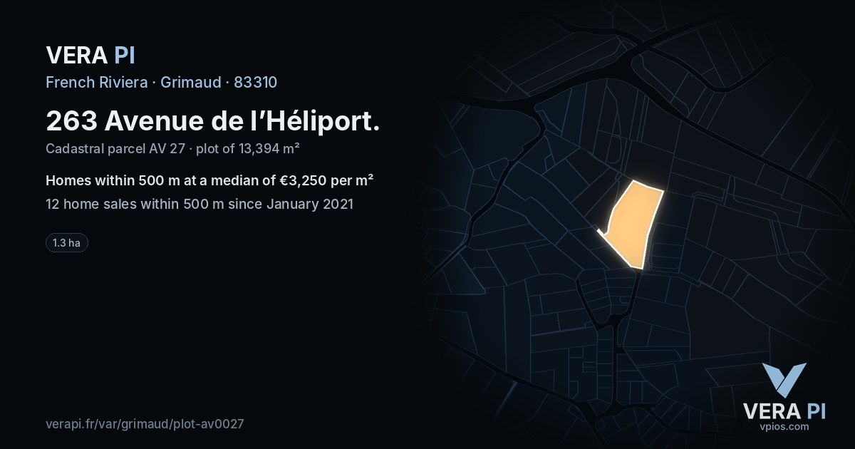 263 Avenue de l’Héliport, Grimaud at night – the plot lit, the parcels around coloured by the prices near them
