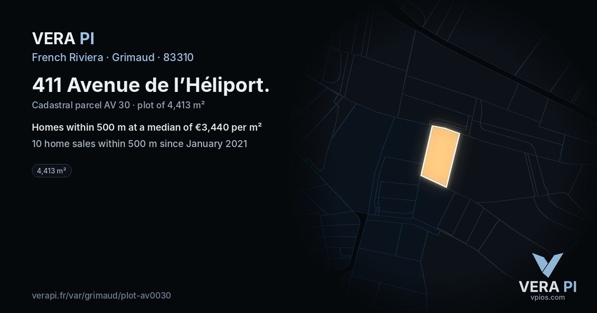 411 Avenue de l’Héliport, Grimaud at night – the plot lit, the parcels around coloured by the prices near them