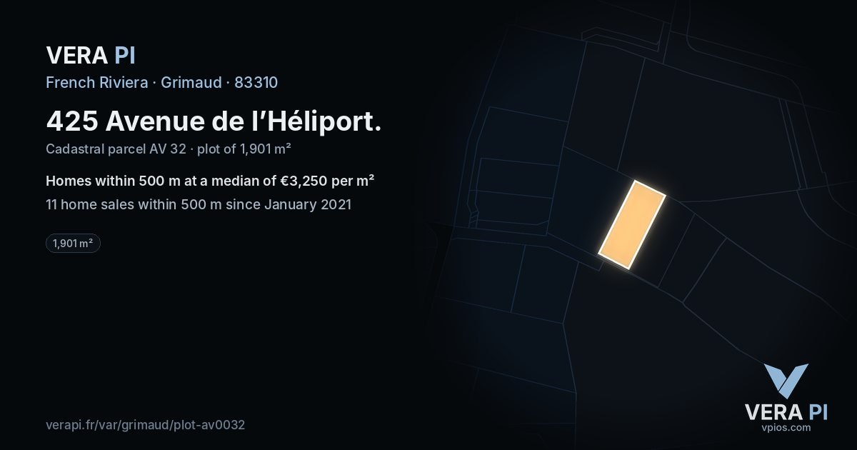 425 Avenue de l’Héliport, Grimaud at night – the plot lit, the parcels around coloured by the prices near them