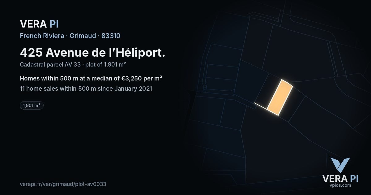 425 Avenue de l’Héliport, Grimaud at night – the plot lit, the parcels around coloured by the prices near them