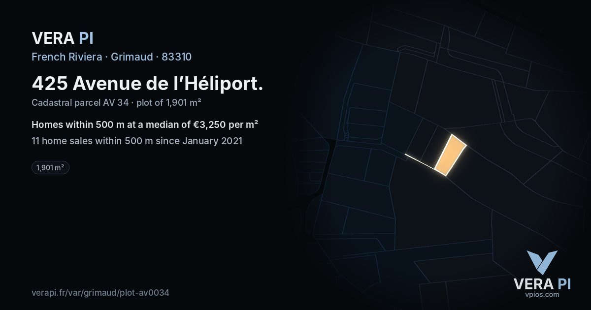 425 Avenue de l’Héliport, Grimaud at night – the plot lit, the parcels around coloured by the prices near them