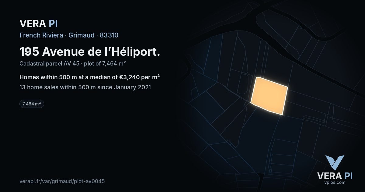 195 Avenue de l’Héliport, Grimaud at night – the plot lit, the parcels around coloured by the prices near them