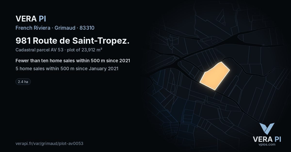 981 Route de Saint-Tropez, Grimaud at night – the plot lit, the parcels around coloured by the prices near them