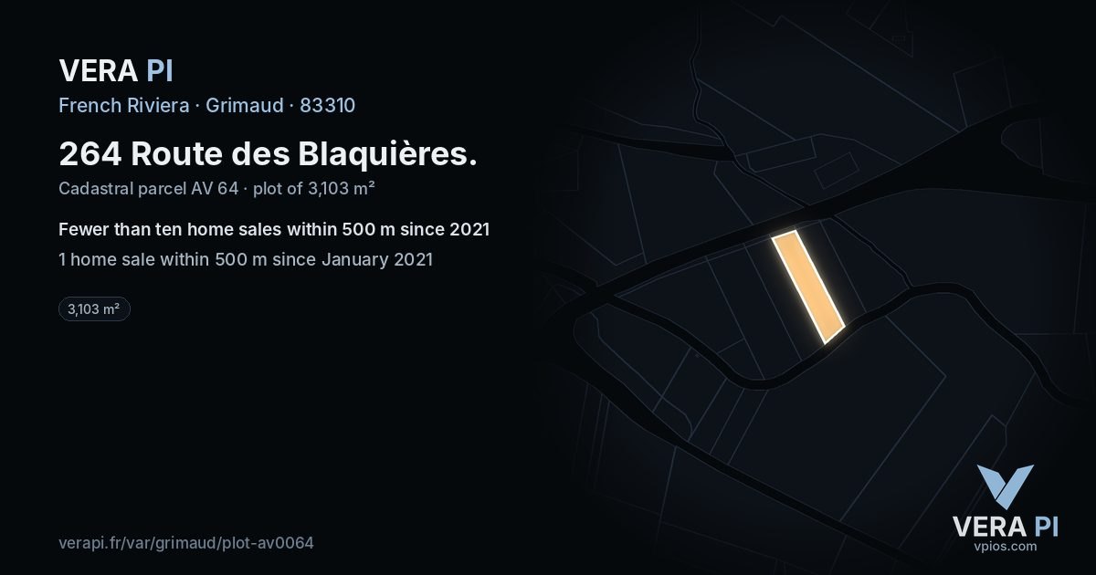 264 Route des Blaquières, Grimaud at night – the plot lit, the parcels around coloured by the prices near them