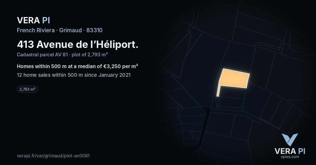 413 Avenue de l’Héliport, Grimaud at night – the plot lit, the parcels around coloured by the prices near them
