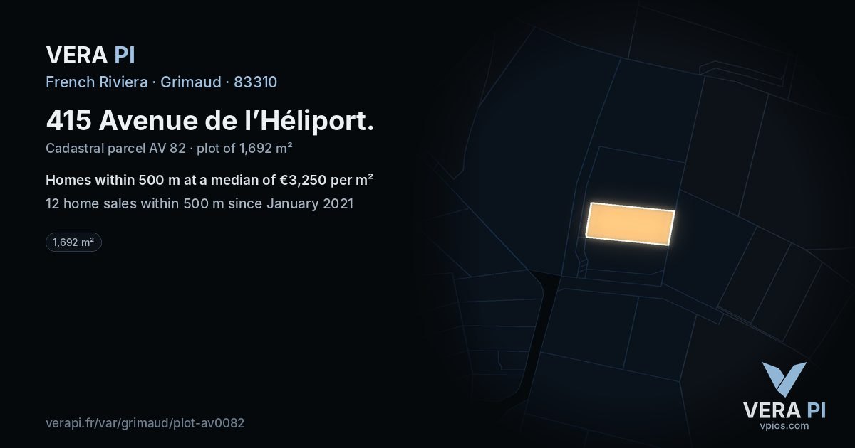 415 Avenue de l’Héliport, Grimaud at night – the plot lit, the parcels around coloured by the prices near them