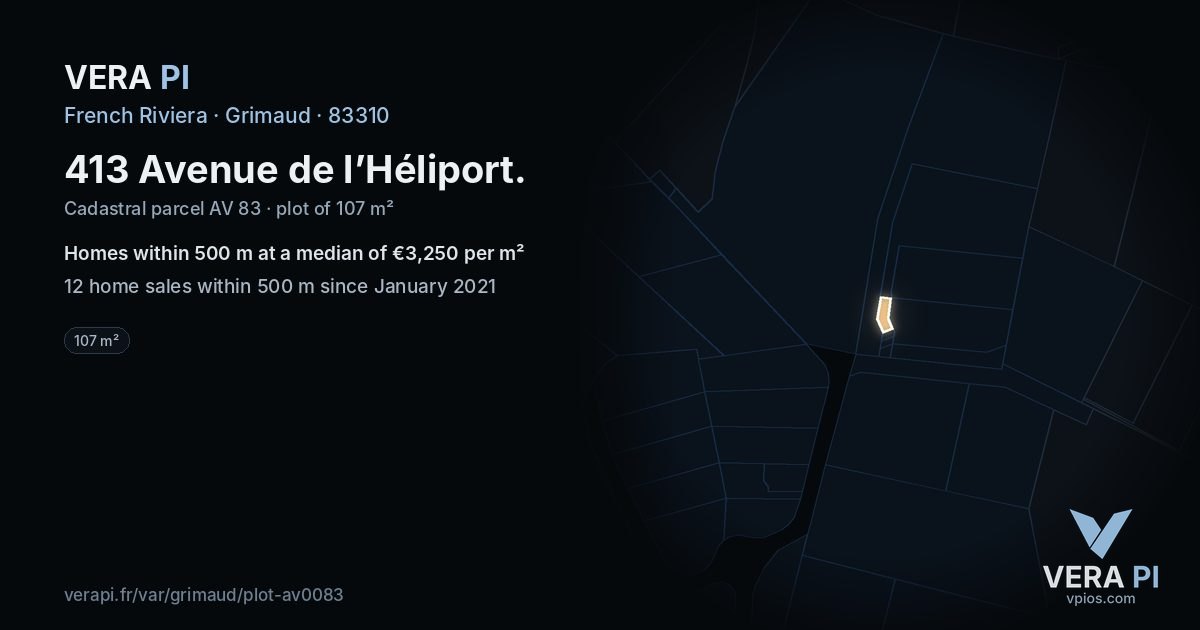 413 Avenue de l’Héliport, Grimaud at night – the plot lit, the parcels around coloured by the prices near them