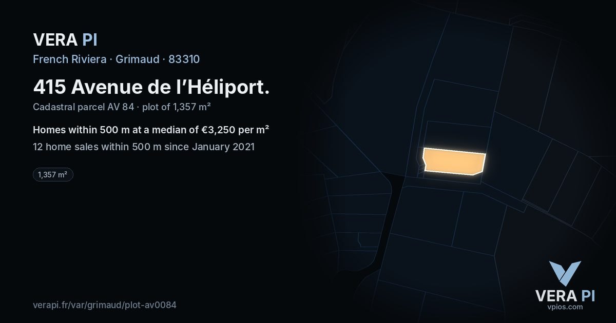 415 Avenue de l’Héliport, Grimaud at night – the plot lit, the parcels around coloured by the prices near them