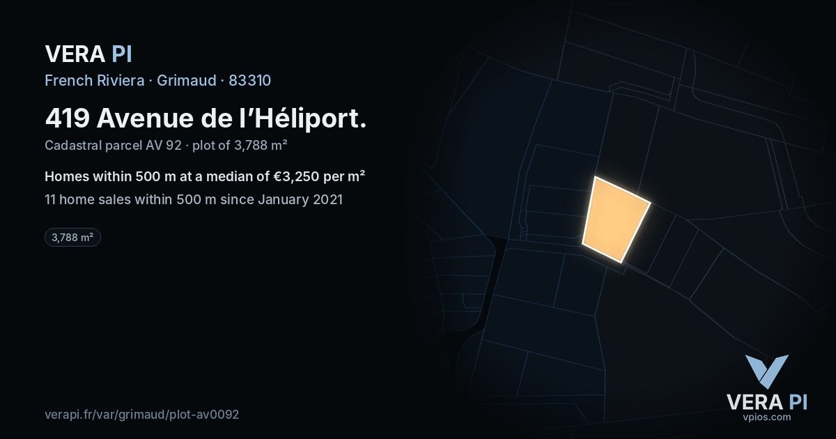419 Avenue de l’Héliport, Grimaud at night – the plot lit, the parcels around coloured by the prices near them