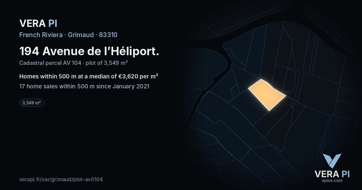 194 Avenue de l’Héliport, Grimaud at night – the plot lit, the parcels around coloured by the prices near them