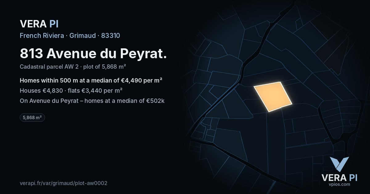 813 Avenue du Peyrat, Grimaud at night – the plot lit, the parcels around coloured by the prices near them