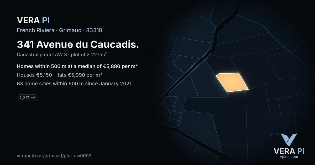 341 Avenue du Caucadis, Grimaud at night – the plot lit, the parcels around coloured by the prices near them