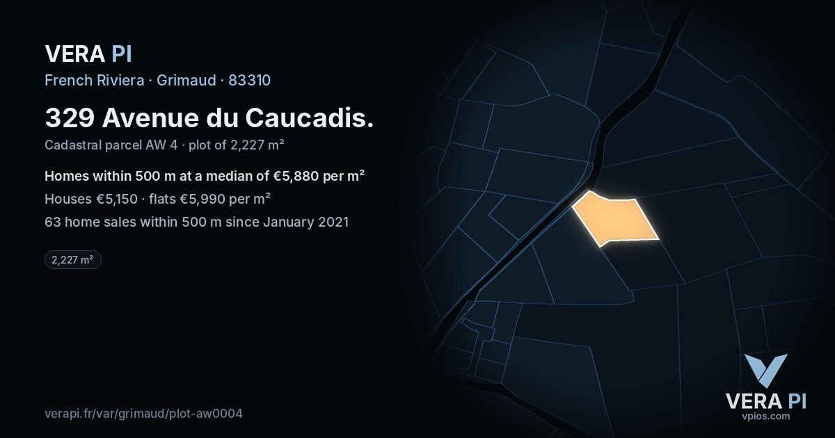 329 Avenue du Caucadis, Grimaud at night – the plot lit, the parcels around coloured by the prices near them