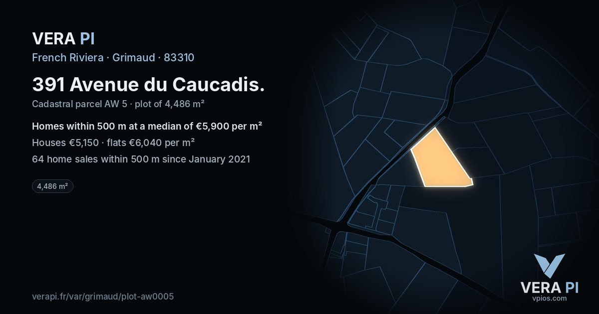391 Avenue du Caucadis, Grimaud at night – the plot lit, the parcels around coloured by the prices near them