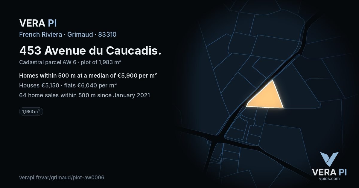 453 Avenue du Caucadis, Grimaud at night – the plot lit, the parcels around coloured by the prices near them