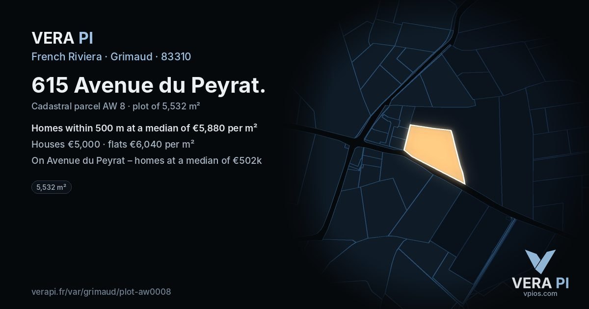 615 Avenue du Peyrat, Grimaud at night – the plot lit, the parcels around coloured by the prices near them