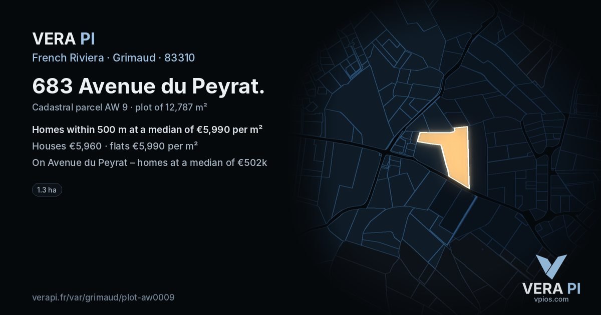 683 Avenue du Peyrat, Grimaud at night – the plot lit, the parcels around coloured by the prices near them