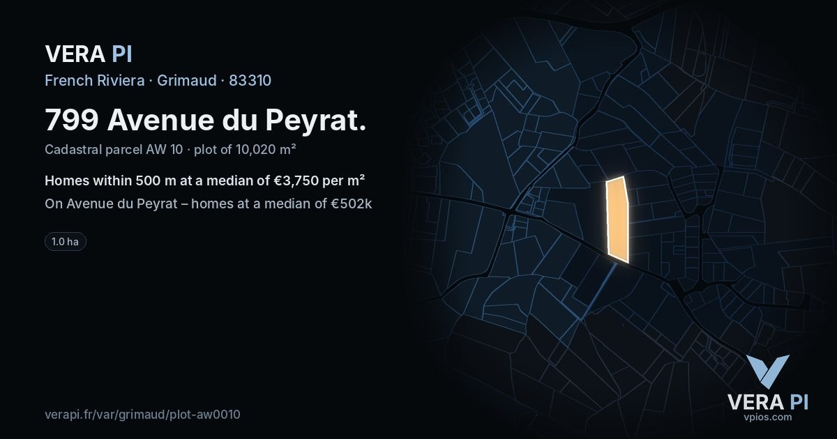 799 Avenue du Peyrat, Grimaud at night – the plot lit, the parcels around coloured by the prices near them