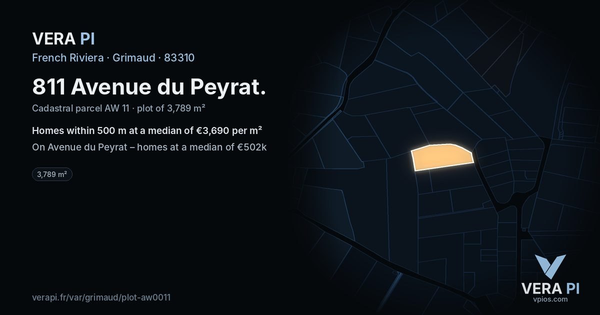 811 Avenue du Peyrat, Grimaud at night – the plot lit, the parcels around coloured by the prices near them
