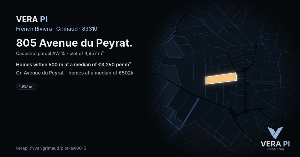 805 Avenue du Peyrat, Grimaud at night – the plot lit, the parcels around coloured by the prices near them