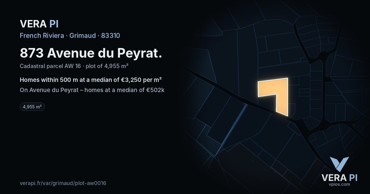 873 Avenue du Peyrat, Grimaud at night – the plot lit, the parcels around coloured by the prices near them