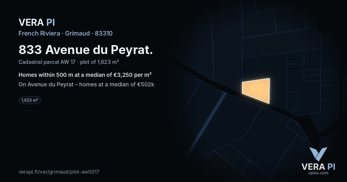 833 Avenue du Peyrat, Grimaud at night – the plot lit, the parcels around coloured by the prices near them