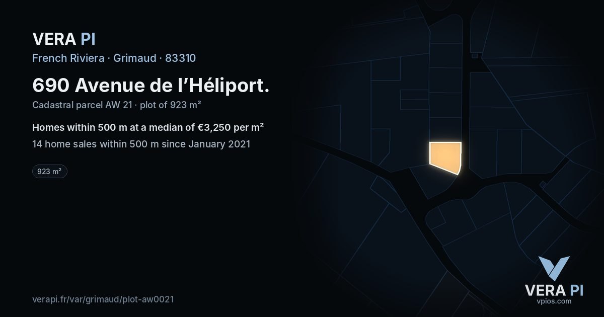 690 Avenue de l’Héliport, Grimaud at night – the plot lit, the parcels around coloured by the prices near them