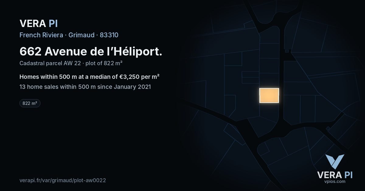 662 Avenue de l’Héliport, Grimaud at night – the plot lit, the parcels around coloured by the prices near them
