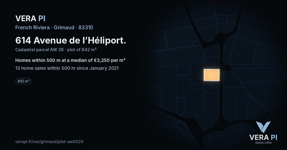 614 Avenue de l’Héliport, Grimaud at night – the plot lit, the parcels around coloured by the prices near them