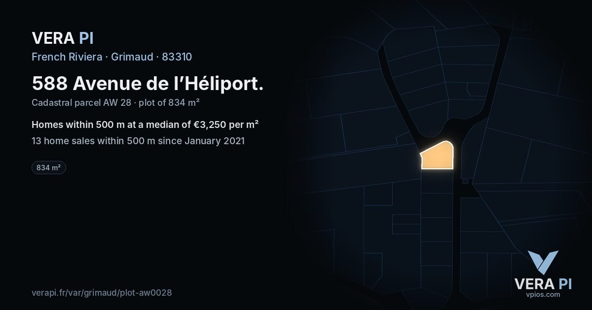 588 Avenue de l’Héliport, Grimaud at night – the plot lit, the parcels around coloured by the prices near them