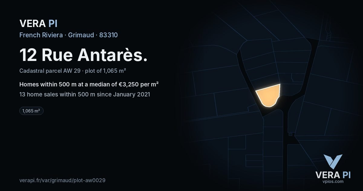 12 Rue Antarès, Grimaud at night – the plot lit, the parcels around coloured by the prices near them
