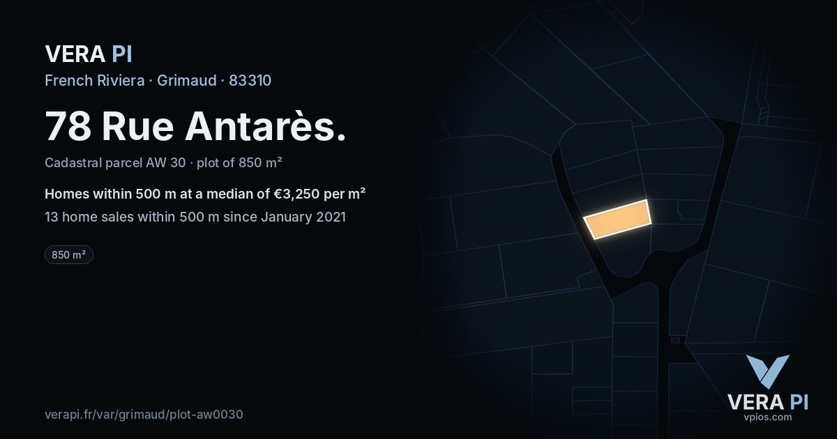 78 Rue Antarès, Grimaud at night – the plot lit, the parcels around coloured by the prices near them