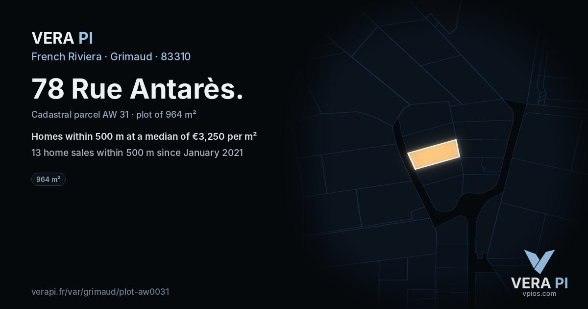 78 Rue Antarès, Grimaud at night – the plot lit, the parcels around coloured by the prices near them